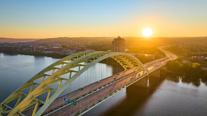 Aerial of Daniel Carter Beard Bridge at Sunrise Over Ohio River