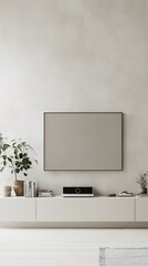 A modern living room with a TV, decor plants, and a minimalist design.