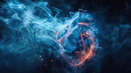 Fiery Heart of Ice: A Stunning Depiction of a Human Heart Enveloped in Smoke and Fire,