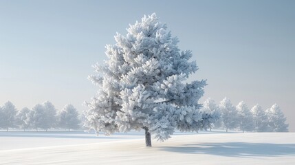 A Serene Winter Landscape: Snow-Covered Pine Tree in a Pristine Field