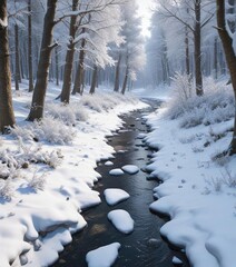 Obraz premium Snowy forest path with a frozen stream and snow-covered trees, snowy forest, wintry scenery, peaceful walk