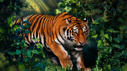 Fototapeta premium A majestic tiger navigates the thick jungle undergrowth, its bright orange stripes highlighted by the vibrant green foliage.