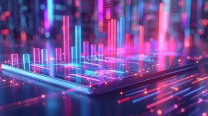 Fototapeta premium Neon Cityscape Data Visualization: Futuristic data analysis displayed on a transparent platform,
