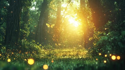 Fototapeta premium magical forest with glowing fireflies and sunlight