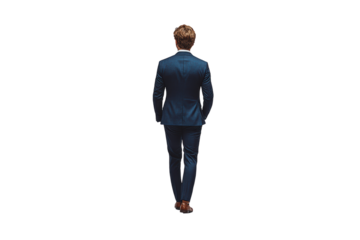 A businessman walking away, dressed in a tailored suit, isolated on a white background, symbolizing professionalism and career growth.