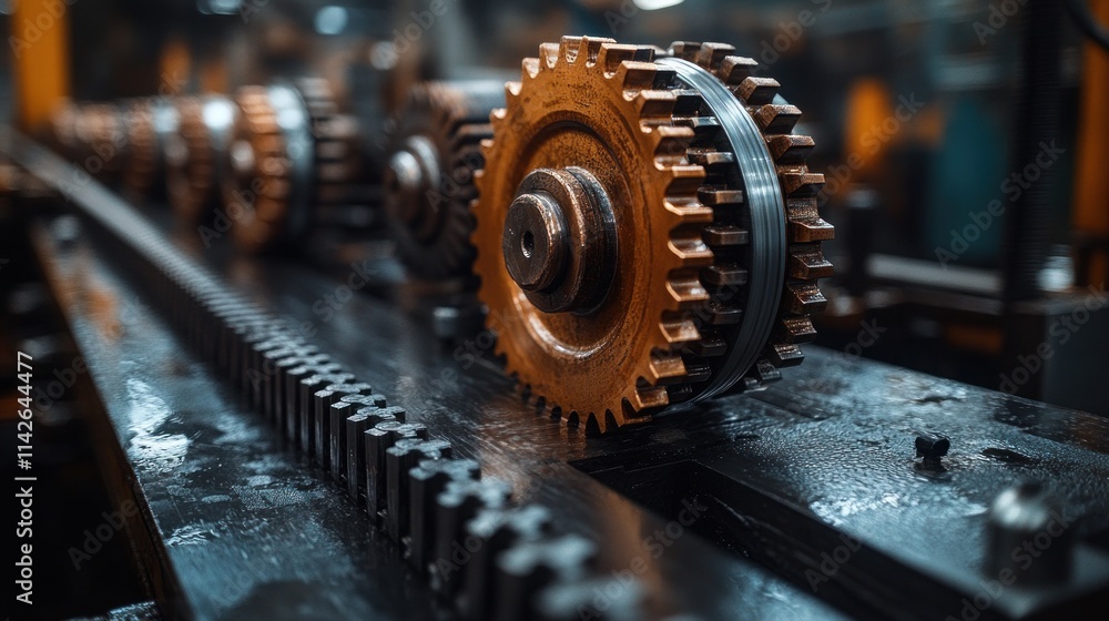 Poster close-up of industrial gears and chain drive system in a factory setting.