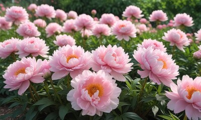 Soft pastel pink peony flowers in a garden bed, fresh cut flowers, garden design, springtime flowers