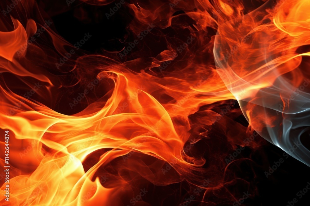 Poster a close-up of bright, fiery flames with intricate details highlighted against a stark black backgrou