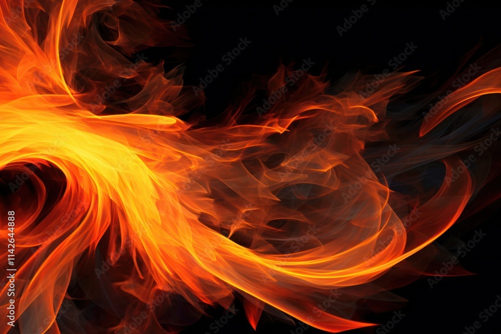 Poster a close-up of bright, fiery flames with intricate details highlighted against a stark black backgrou