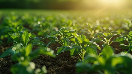 Young potato plants growing in a field at sunset.