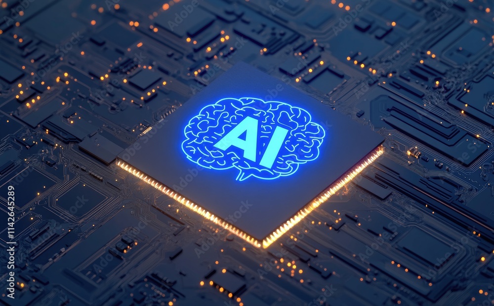 Poster a glowing brain on top of an ai chip with blue neon 