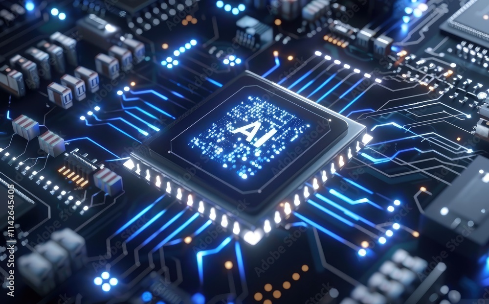 Poster Close-up of an Artificial Intelligence logo on a micro circuit board, featuring glowing data streams and 