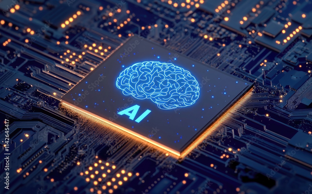 Poster A high-tech chip with a glowing brain icon and 