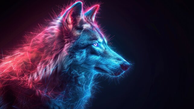Neon Wolf: A portrait of a majestic wolf illuminated by vibrant neon lights