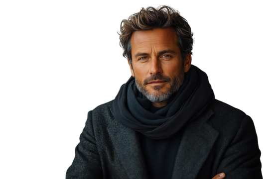 A confident man with wavy hair and a scarf, posing thoughtfully against a white isolated background.