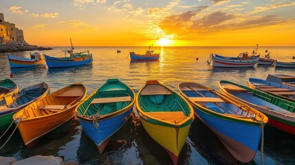 A traditional fishing dock with colorful wooden boats under a golden sunset