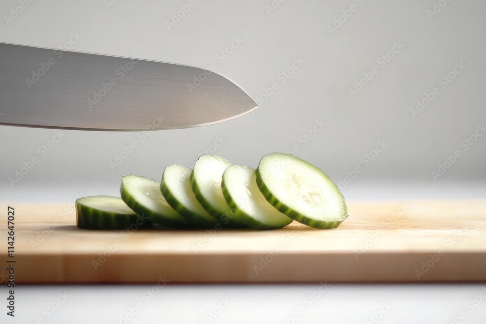 Poster a cucumber being sliced with a sharp knife on a light wooden cutting board. the action captures the 