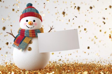 A delightful 3D snowman adorned with a colorful scarf and a friendly expression holds a blank banner, looking directly at the camera. Behind him, a picturesque winter landscape glimmers 