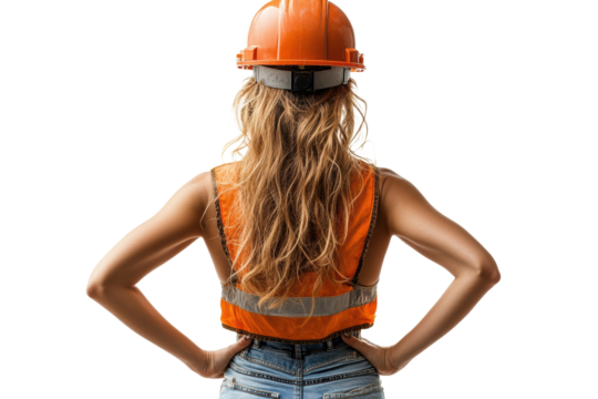 A confident young woman in a construction site outfit, wearing an orange hard hat and reflective vest, stands with her hands on her hips, looking ahead.