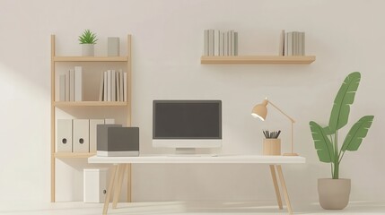 Fototapeta premium Modern Clean 3D Rendering of Home Office Setup