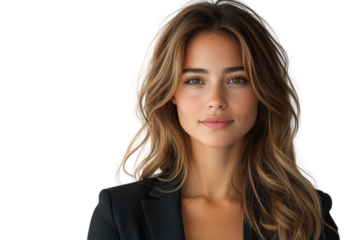 A confident young woman with beautiful long hair, wearing a black blazer, poses against a white isolated background, radiating professionalism.