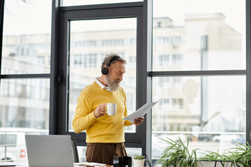 Handsome senior man standing in bright office, sipping coffee and examining paperwork thoughtfully.