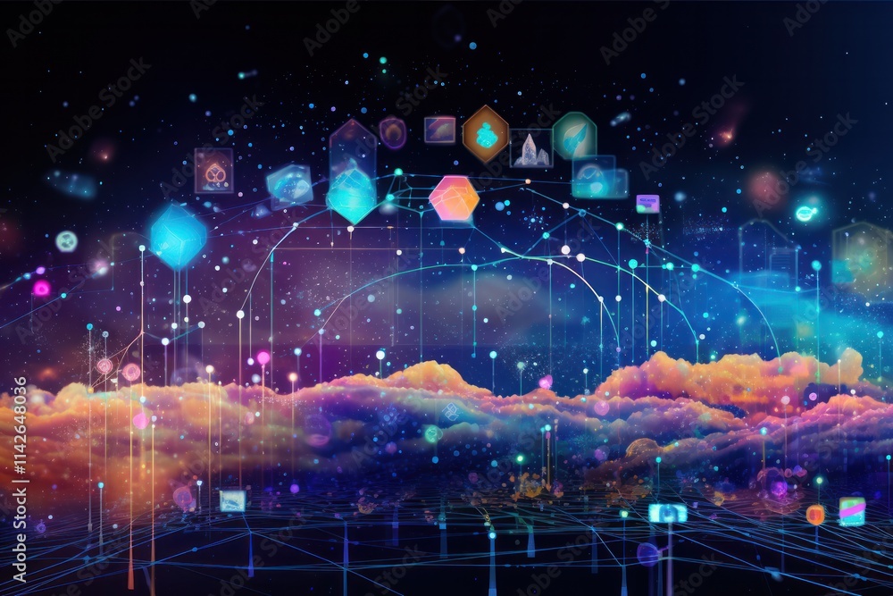Poster a futuristic digital interface with floating data streams and holographic icons representing cloud c