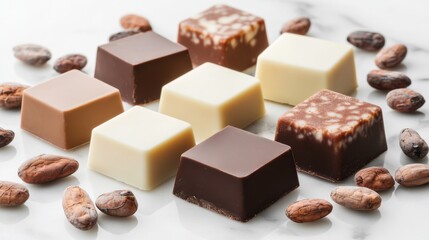 Assorted Gourmet Chocolates on Marble Surface with Cocoa Beans