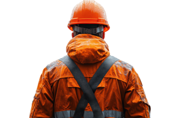 A construction worker in an orange jacket and hard hat stands observed from the back, ready for work against a white isolated background.
