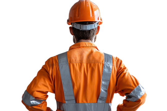 A construction worker in an orange safety jacket and hard hat, standing with arms akimbo against a white isolated background. - Powered by Adobe
