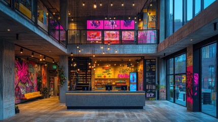 Fototapeta premium Vibrant hotel lobby with graffiti art, neon signs, and a modern reception desk.