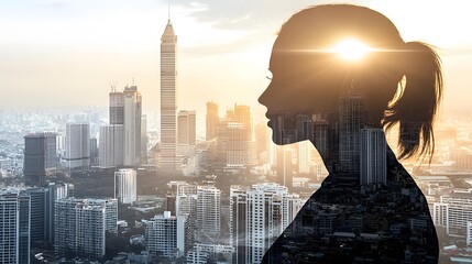 double exposure image of a woman’s silhouette filled with an urban landscape, symbolizing the connection between personal growth and social impact. [Women’s]:[social impact] 