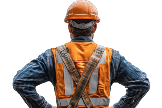A construction worker in an orange safety vest and hard hat, standing with hands on hips, looking at a construction site with determination. - Powered by Adobe