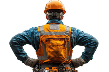 Fototapeta premium A construction worker in an orange safety vest and helmet stands with hands on hips, observing the site with determination and focus.
