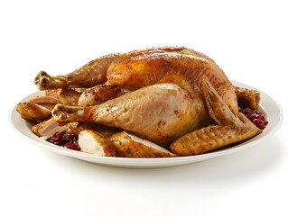 Succulent Roasted Turkey Served on a White Plate Surrounded by Slices and Cranberry Sauce, Perfect for Holiday Celebrations and Family Gatherings