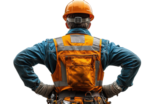 A construction worker in an orange safety vest and helmet stands with hands on hips, observing the site with determination and focus.