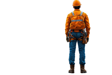 A construction worker in safety gear, standing against a white background, highlighting construction safety and occupational health.