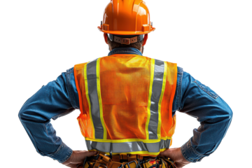 A construction worker in safety gear, including an orange helmet and reflective vest, stands with hands on hips, ready for his next task.