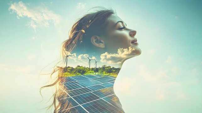 exposure of a woman with a landscape of solar panels and wind turbines, representing sustainable energy and women’s leadership in the green movement. [Women’s]:[social impact] 