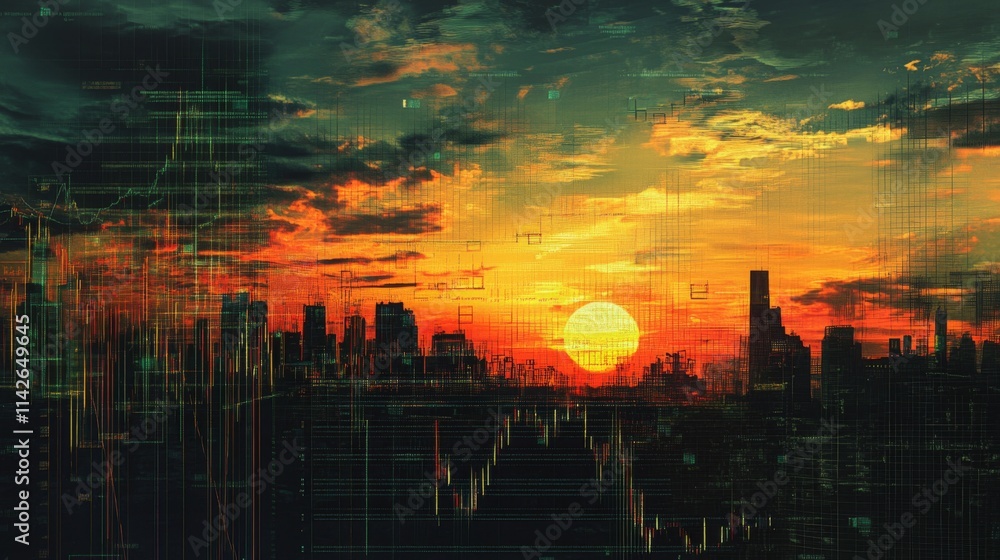 Aufkleber sunset over city skyline with abstract data visualization elements