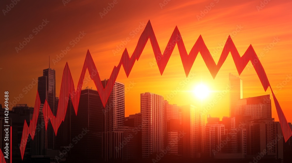 Poster sunset over city skyline with graph representation showing growth