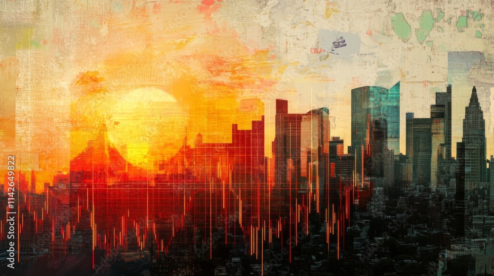 Poster sunset over city skyline with abstract graphic elements and colors