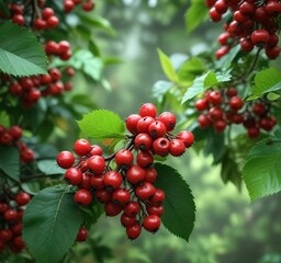 Vibrant red berries blending with green foliage in nature, earthy, outdoor, lush, vibrant colors, plant life