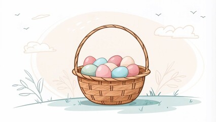 Fototapeta premium Minimalist style Easter card featuring a basket of colorful eggs on a light background