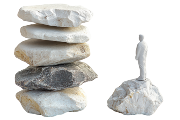 A figure stands on a stone, contemplating balance and stability, surrounded by stacks of stones, symbolizing resilience and personal growth.