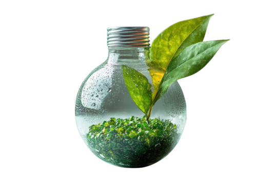 A glass bulb filled with water, fresh green leaves, and rich greenery, symbolizing sustainability and eco-friendliness with a vibrant look.