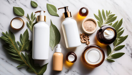A flat lay showcasing a minimalist skincare routine, featuring sleek bottles, natural ingredients, and gentle textures, creating a serene and organized aesthetic perfect for a calming self-care