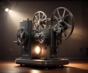 Vintage film projector with glowing cinematic spotlight, Retro, Movie