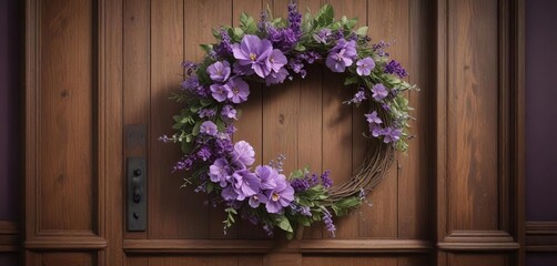Fototapeta premium Vintage-inspired violet floral wreath on a wooden door, natural elements, rustic charm