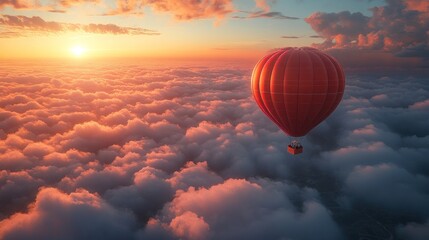 Obraz premium Hot air balloon soaring above colorful clouds at sunset.